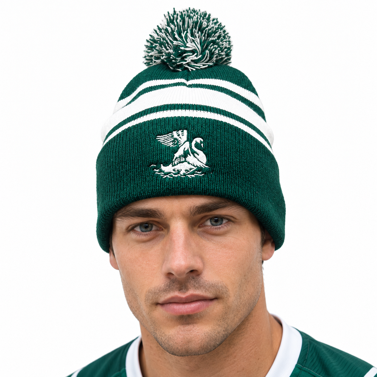 Leatherhead Swan Cuffed Knitted Pom Pom Beanie - GREEN/WHITE