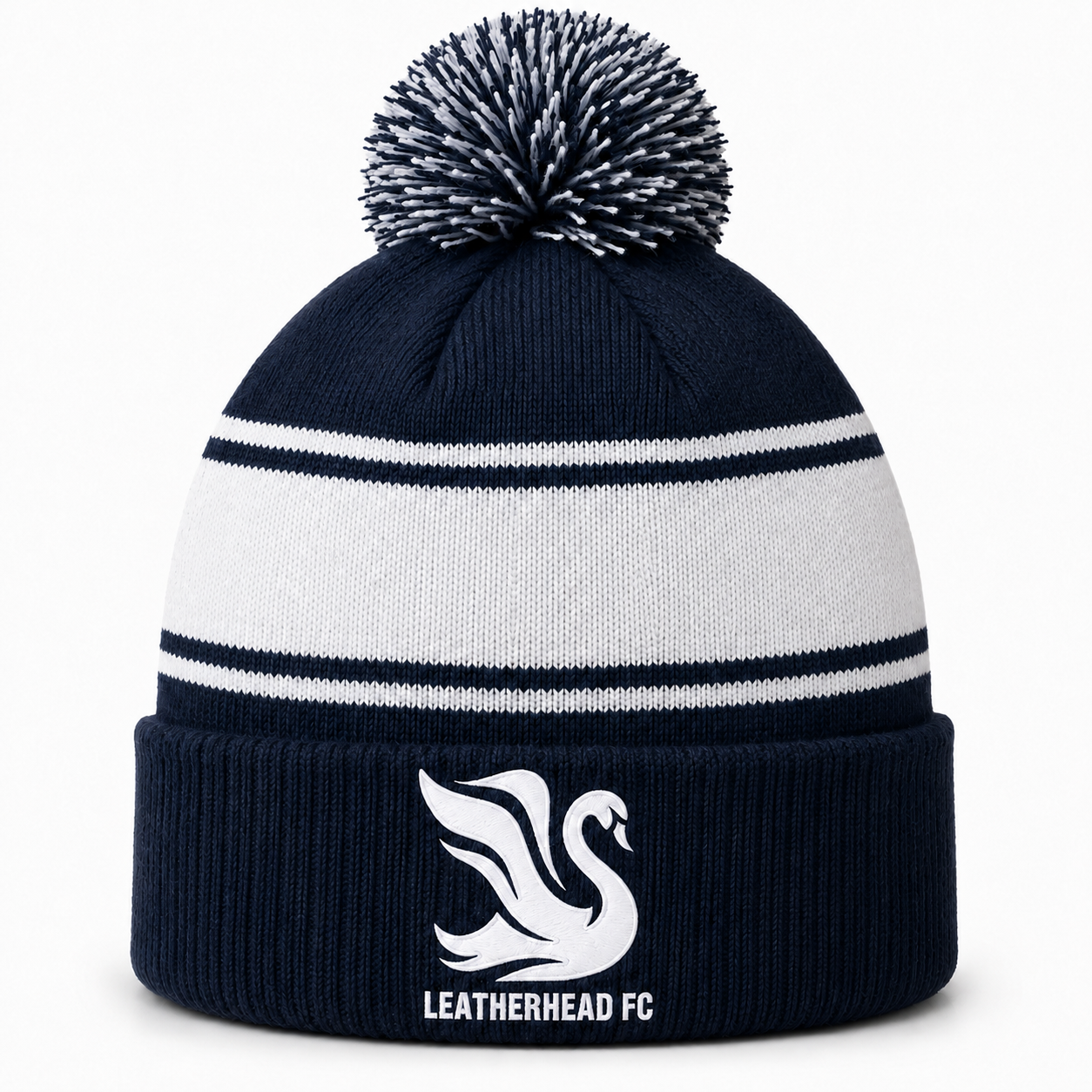 Leatherhead Swan Cuffed Knitted Pom Pom Beanie - Navy