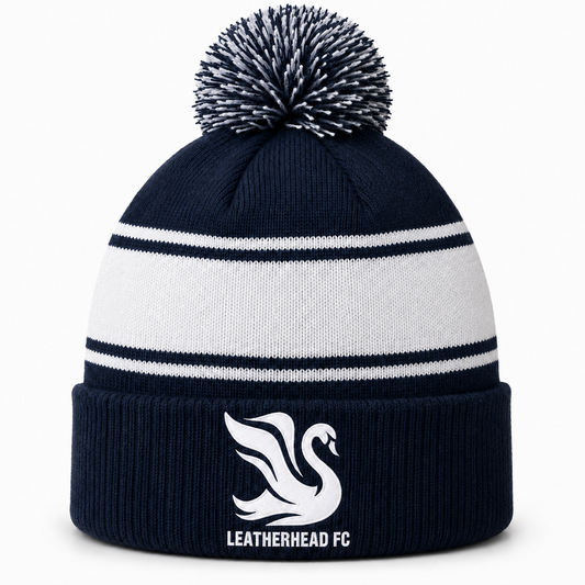 Leatherhead Swan Cuffed Knitted Pom Pom Beanie - Navy
